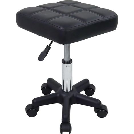 Tabouret Roulant Carré avec roulettes Chaise Pivotant pour Salon Massage Spa Noir en PU Cuir Hauteur Réglable (1/5)