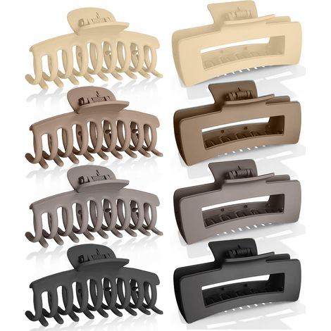 8 Pinzas para el cabello para mujer, antideslizantes, grandes, de doble diente, rectangulares, cangrejo, para cabello fino, grueso y rizado, accesorio para yoga/moño/peinado diario (tonos oscuros) (1/5)