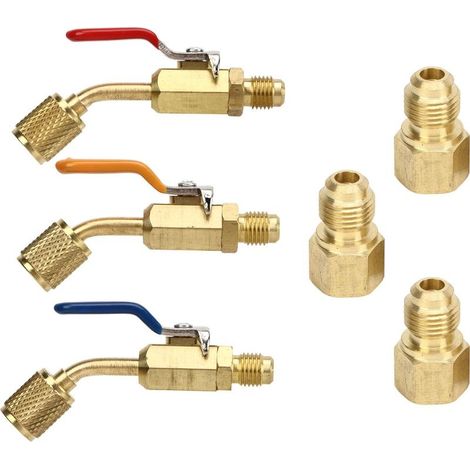 Vanne à bille compacte coudée pour réfrigérant, 6 pièces, adaptée aux tuyaux de charge de réfrigération R410A R134A R12 R22 R502 AC HVAC (1/5)