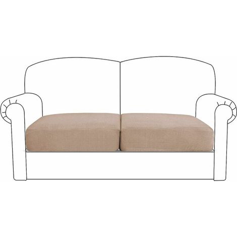 Stretch Sofa Cushion Cover - Elastic Hem Furniture Protector - Small Plaid Spandex Jacquard Fabric (2 Loveseat Cushion Covers, Sand) (1/5)
