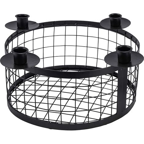 Metall Adventskranz mit Korb schwarz - Ø 33 cm - Kerzenhalter mit 4 Kerzenhaltern für Stabkerzen - Weihnachten Advent Winter Tisch Deko Kerzenständer mit Gitterkorb zum Dekorieren