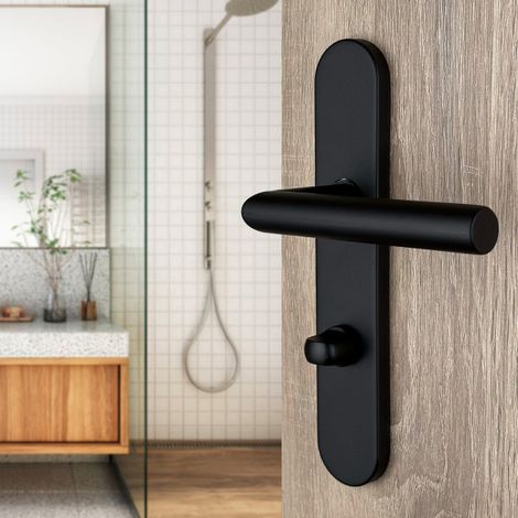 Ouvre&Déco – 2 poignées universelles Dualfit sur plaque ronde EDISON verrou condamnation, Acier noir mat bi-entraxe 165-195