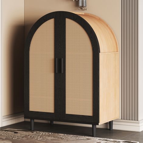 Schuhschrank aus MDF und Spanplatte in Natur/Schwarz, 2 Rattantüren, 3 Einlegeböden davon 2 verstellbar, 70 x 40 x 100 cm (1/5)