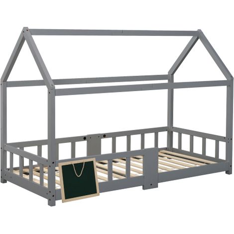 Lit cabane 90×200 cm, pin gris, tableau, barrière, sommier