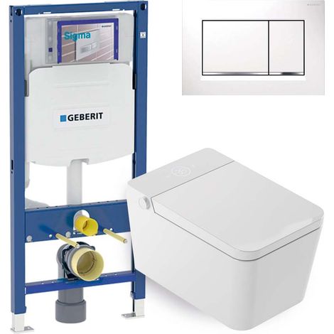 Mizubath - Set WC giapponese sosp. Isla bianco - Risciacquo ad acqua - Asciugatura ad aria - Modulo Geberit Duofix 12cm - Placca comando doppio bianca