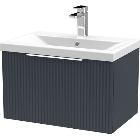 Contemporary Fluted Front Wall Hung Single Soft Close Drawer Bathroom Vanity Unit with 1 Tap Hole Ceramic Basin 500mm, Dark grey