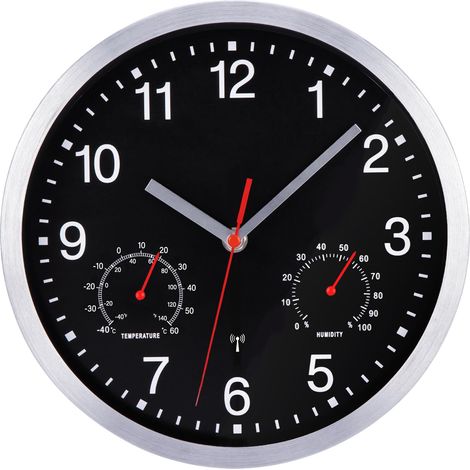 Horloge Radio Pilotée 24 cm avec Thermomètre et Humidimètre Pendule Murale Silencieuse Moderne avec Cadre en Métal Brossé pour Cuisine, Bureau, Salon, Décoration Mural, Noir (1/5)