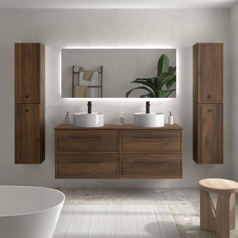 Mueble de Baño RUNA 120cm Nogal 4 cajones Lavabo sobre encimera 2 pozas Porcelana (1/5)