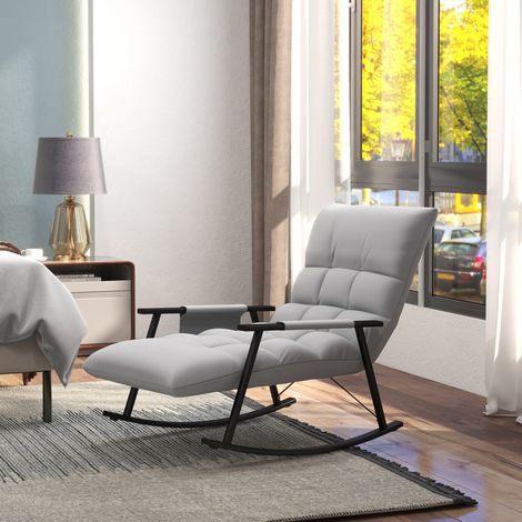 Sedia a dondolo, schienale e poggiapiedi regolabili, tasca laterale, rivestimento in microfibra, struttura in metallo, grigia