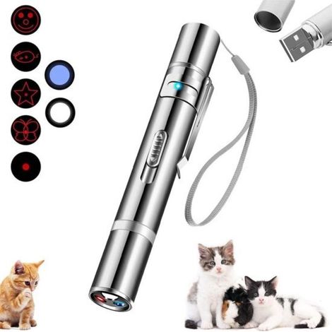 Jouet laser rechargeable USB pour chat, pointeur laser 5 en 1 avec 5 motifs et une lanière, jouet d'exercice interactif pour chat/chien d'intérieur, argent.