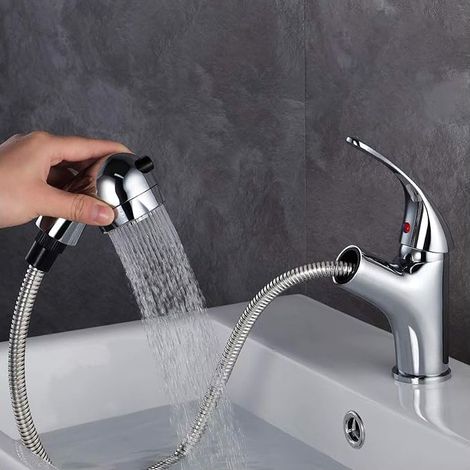 Waschtischarmatur mit Ausziehbrause und zwei Wasserstrahlarten, für Waschbecken oder Waschtischplatte, verstellbare Warm- und Kaltwasserarmatur, Chrom (1/5)