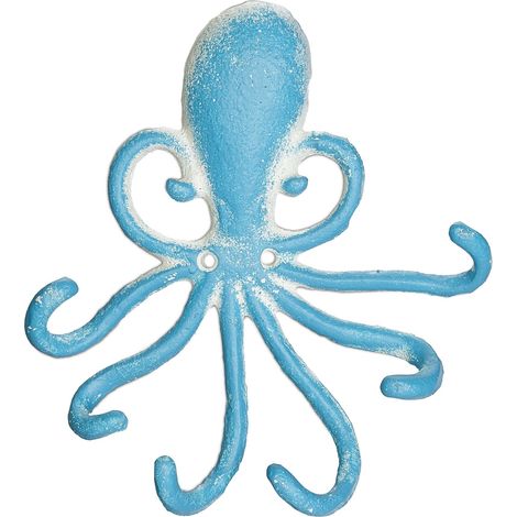 Relaxdays Wall Hook Rail Octopus, 6 Coat Hangers, Cast Iron, HWD: 16.5 x 15.5 x 4 cm, Antique Key, Light Blue/White
