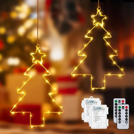 Décoration de fenêtre pour sapin de Noël, blanc chaud, fonctionnant sur piles, 2 pièces, 60 LED, Noël, avec 1m de câble d'alimentation, 8 modes et minuteur pour la décoration de la fenêtre, à (1/5)