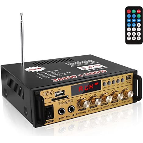 Applicable Amplificateur Audio, Amplificateur HiFi, Amplificateur Stéréo Bluetooth 5.0, 12V 220V 600W 2 Canaux,Haute Fidélité, Radio FM Portable, Entrée Carte SD/USB, pour Maison ou Voiture