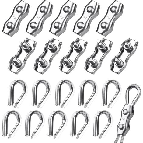 10 x Steel Cable Ties 4 mm + 10 x Cable Lugs, Stainless Steel Cable Clamps, Duplex Cable Clamps, 304 Stainless Steel Wire Cable Clips for 2-3 mm Steel Cable, Clothes Line (1/5)