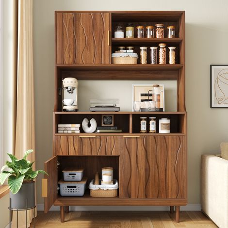 Buffet haut de cuisine 100x32x170 cm avec 3 portes, 1 tiroir, 4 niches ouvertes, façades ondulées, pieds en pin, MDF et aggloméré effet noyer (1/5)