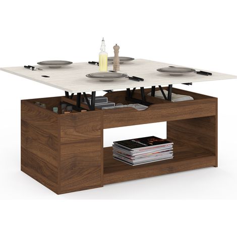 Table basse plateau relevable rectangulaire convertible en table à manger ELEA 100 cm effet noyer et plateau effet travertin (1/5)
