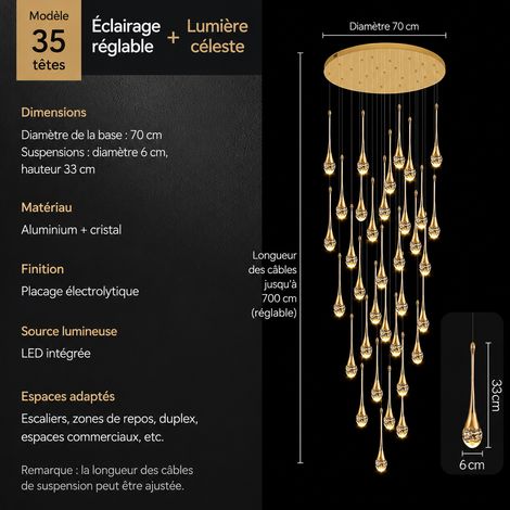 Lustre suspension spirale taille de guêpe 35 têtes, modèle décalé, variation continue, cristal et verre pour escalier salon, 1 kg – Livraison gratuite