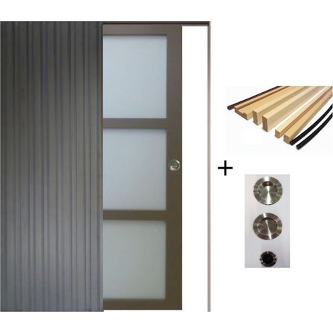 Porte Coulissante Gris Taupe Ral 7006 Vitrée H204 X L73 Cm, Galandage, Kit Finition (coquille Et Tire Doigt) Gd Menuiseries