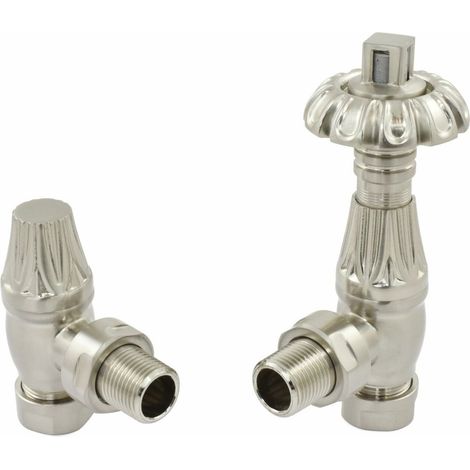 West Poppy TRV Angled Thermostatic Radiator Valve and Lockshield - Satin Nickel (1/5)