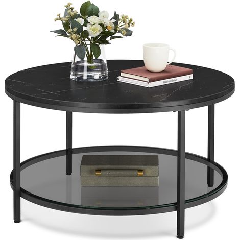 VASAGLE Tavolino da Salotto Rotondo, Tavolino da Caffè Tavolo con Piano Effetto Marmo, Ripiano in Vetro Temperato, Montaggio Facile, Moderno, Soggiorno, Nero Marmo e Nero Inchiostro LCT071B58 (1/5)
