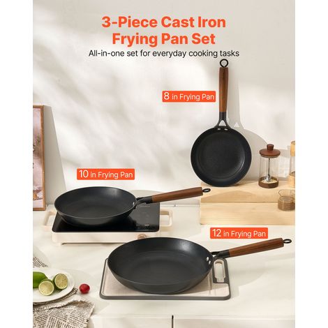 Poêle en Fonte Lot de 3PCs 20,5/26,5/31 cm, Sauteuse Antiadhésive Pré-assaisonnée avec Poignée en Bois Amovible, Ustensiles de Cuisine Restaurant, pour Gaz, Électrique, Induction, Noir (1/5)