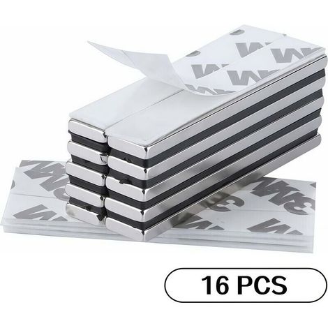 Aimants néodyme rectangulaires 60 × 10 × 3 mm – Lot de 16 avec ruban adhésif 3M haute résistance, idéal bricolage, cuisine et aménagement