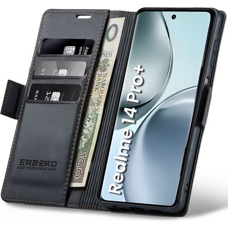 Funda para Realme 14 Pro+ 5G, tipo cartera con tapa, diseño brillante de lichi, color negro. (1/5)