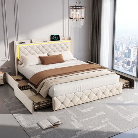 Lit coffre 160x200 cm 4 tiroirs - sommier a latter - lit led, USB + LED RGB - Lit 2 places - velours beige (1/5)