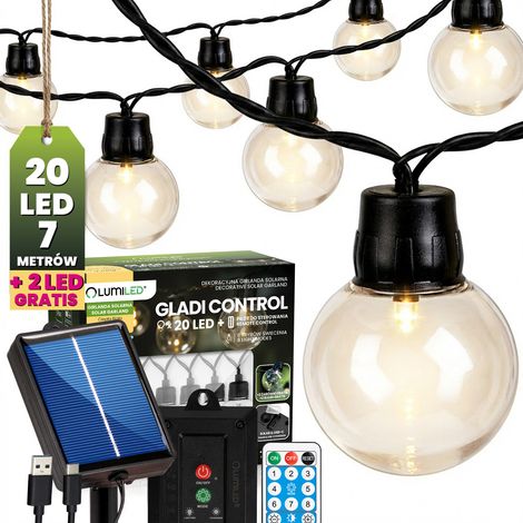 Ghirlanda solare da giardino con 20 sfere decorative a LED, 7,36 m, 3000K luce calda + controllo Gladi Lumiled con telecomando (1/5)