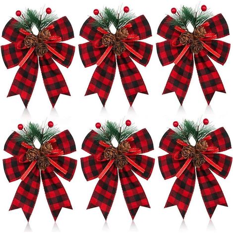 Lot de 6 nœuds de Noël, décoration de sapin pour l'intérieur et l'extérieur, loisirs créatifs, décoration à faire soi-même, 15 x 13 cm, en tissu, noir et rouge (1/5)