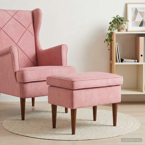 Pouf repose-pieds rose en velours, bois massif, 55 x 35 x 41 cm - PANGIVO (1/5)