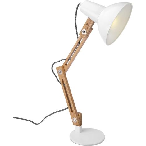 Lampe de Bureau en Bois - Lampe Design LED à Poser avec Bras Articulé en Hévéa - Lampe Vintage pour Table de Chevet - E27-40W