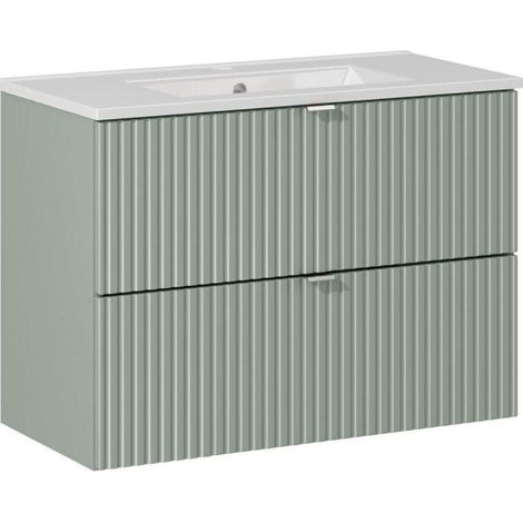 Set da bagno sospeso ELVINA 80cm: mobile sotto lavabo con cassetti verde salvia grigio + lavabo incassato bianco