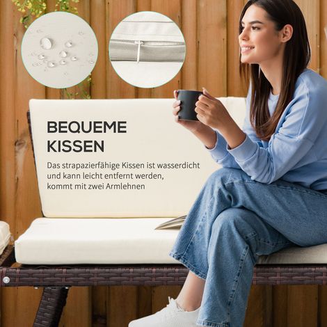 Canapé de jardin en polyratan 2 places, relax pliable avec accoudoirs, acier marron 129x63x67 cm, mobilier d'extérieur pour terrasse et balcon. (1/5)