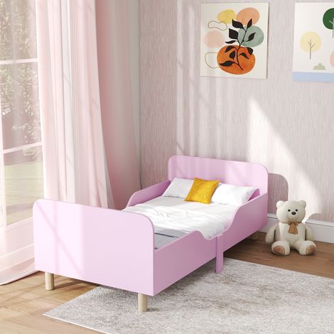 Cadre de lit enfant, lit simple, barrière de sécurité, petit lit pour chambre d'enfant, MDF, sans matelas, rose