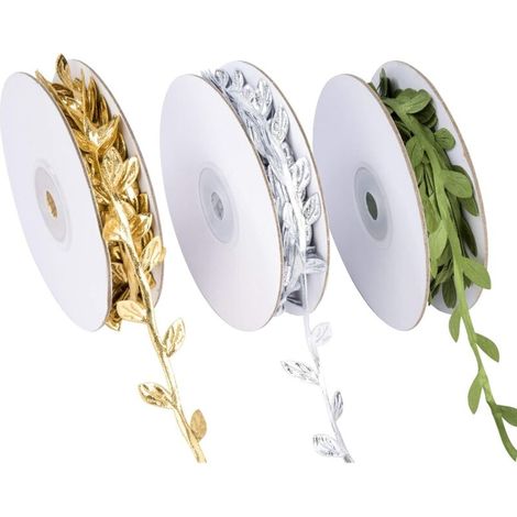 Vignes Artificielles Ruban Plantes Faux Rubans Feuille Vigne Guirlande Ruban pour l'Artisanat de Bricolage et Décoration de Jardin de Maison de Mariage de Fête 3 Rouleaux (Doré/Argenté/Vert)