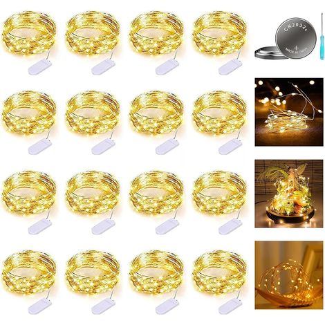 Pack of 16 Fairy Lights Battery, 2 m Micro Fairy Lights, Outdoor Battery, Indoor, Battery Operated for Room Decoration, Wedding Decoration, Christmas Decoration, Additional 36 Small Batteries (Warm Wh (1/5)