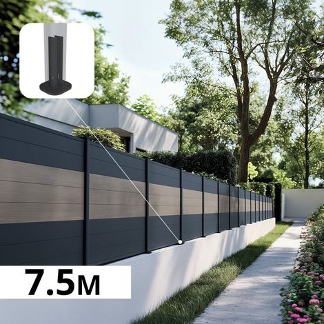 Kit Clôture Aluminium BAHIA & CRUZ Argent 7,35x1,2m - Bois Composite & Aluminium - Poteaux Gris - Brise Vue - Palissade