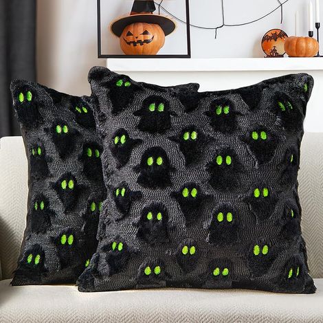 CCYKXA Herbst-Halloween-Kissenbezüge, Halloween-Geister-Kissenbezüge, Halloween-Kissenbezug 45 x 45 cm, weiße Geister-Kissenbezüge, für die Heimdekoration (Schwarzer Geist) (1/5)