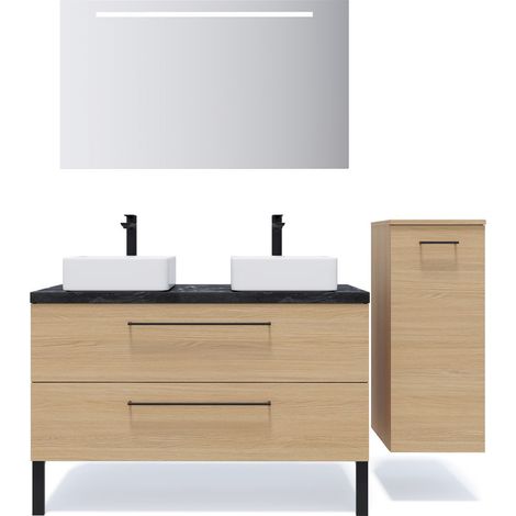 Meuble de salle de bain suspendu 2 vasques à poser 120cm 2 tiroirs Chêne clair + miroir + colonne ouverture droite - Glasgow (1/5)