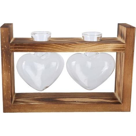 HOXILEELEOPot de fleurs vintage en bois, vase de table transparent avec 2 bouteilles en forme de cœur pour déco (1/4)