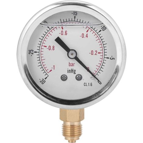 Radial Vacuum Pressure Gauge Filled Negative Pressure Gauge -1 to 0 bar (-30 to 0 inHg) Double Scale Stainless Steel Housing Brass Fitting 1/4" BSP for Vacuum Pumps and Systems (1/5)