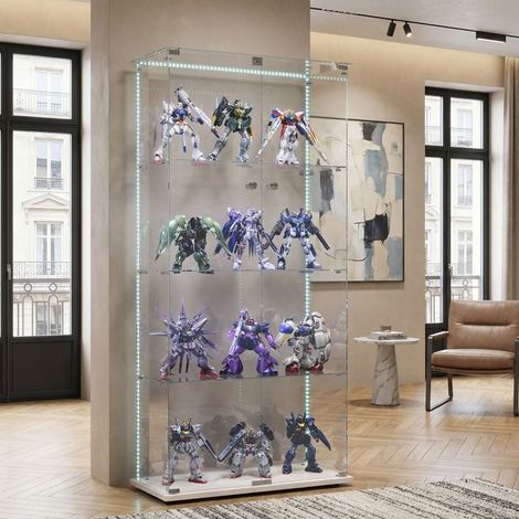 Vitrine Schrank mit LED-Beleuchtung, Glastüren, 4 Regalen, 78 x 35 x 163 cm, Weiß
