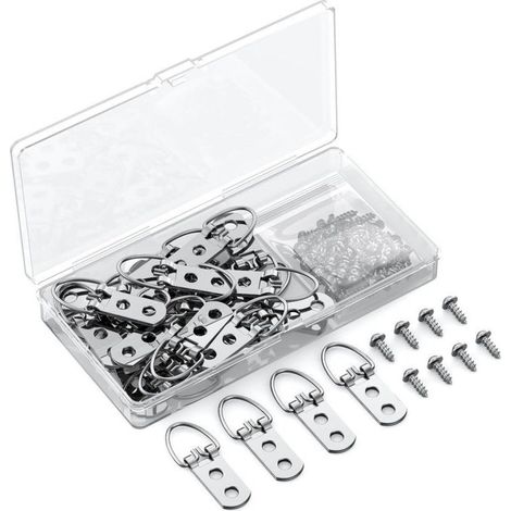 30 ganchos en forma de D para marcos de fotos con tornillos, herrajes resistentes para colgar objetos de hasta 18 kg, anillas en D de doble orificio para marcos de fotos, cuadros, espejos y relojes. (1/4)