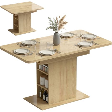 Table à manger extensible rectangle pour 4 à 6 personnes en bois naturel avec 6 étagères ouvertes, 110-130 cm idéale pour la cuisine. (1/5)