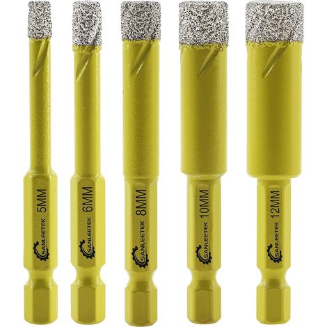 Foret Diamant Sec Set - 5 pièces 5/6/8/10/12mm Trépan Diamant avec Queue à Changement Rapide pour Marbre Granit Céramique Porcelaine Carrelage Grès Quartz (1/5)