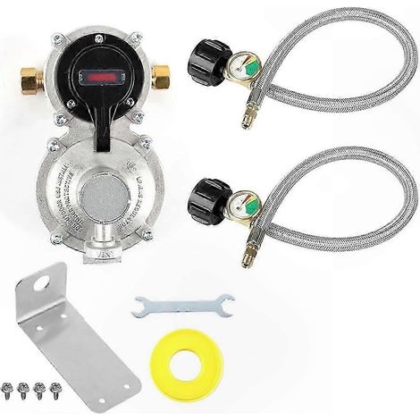 Régulateur de propane double bouteille avec manomètre et flexible, contrôleur de pression GPL robuste pour camping-car, système d'inversion automatique (1/5)
