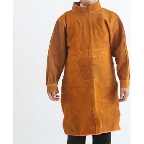 Tablier de travail de soudure en cuir ignifuge, résistant à l'usure, anti-brûlure vêtements de protection de soudure 130cm manches longues jaune (1/5)