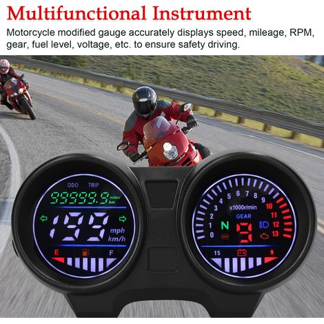 Compteur de vitesse de moto à LED, odomètre 13 000 tr/min, 199 km/h, tachymètre électrique, jauge de carburant, voltmètre 12 V avec affichage de vitesse, indicateur lumineux, alarme clignotante. (1/5)